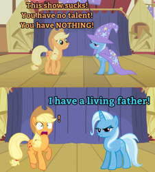 Size: 1280x1418 | Tagged: safe, edit, edited screencap, imported from derpibooru, screencap, applejack, trixie, boast busters, grannies gone wild, abuse, burn, cape, clothes, comic, dark comedy, dead parents, exclamation point, facehoof, hat, image macro, implied jack pot, jackabuse, meme, my parents are dead, now you fucked up, savage, shots fired, stage, this will end in death, this will end in tears, this will end in tears and/or death, triggered, trixie yells at everything, trixie's cape, trixie's hat, we are going to hell