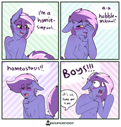 Size: 1280x1344 | Tagged: dead source, safe, artist:whisperfoot, imported from derpibooru, oc, oc only, oc:berry frost, anthro, blushing, body freckles, butt freckles, chest fluff, comic, coming out, cute, dialogue, ear fluff, embarrassed, freckles, gay, male, meme, ocbetes, shoulder freckles, silly, smiling, solo, suddenly hands, suddenly hooves, text