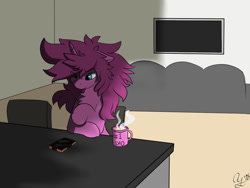 Size: 1024x768 | Tagged: safe, artist:aurorafang, imported from derpibooru, oc, oc only, oc:aurorafang, unicorn, apartment, coffee, coffee mug, kitchen, living room, male, morning, mug, phone, stallion