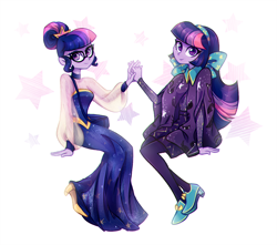 Size: 1020x900 | Tagged: safe, artist:jumblehorse, deleted from derpibooru, imported from derpibooru, sci-twi, twilight sparkle, equestria girls, legend of everfree, suited for success, clothes, cute, dress, duality, female, glasses, high heels, holding hands, looking at you, pantyhose, self ponidox, shoes, simple background, smiling, stars, twiabetes, twolight, white background