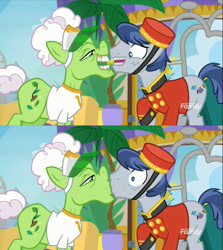 Size: 756x848 | Tagged: safe, edit, edited screencap, imported from derpibooru, screencap, auntie applesauce, earth pony, pony, grannies gone wild, bellhop pony, bellsauce, bits, clothes, coin, discovery family logo, eyes on the prize, female, hat, kiss edit, kissing, male, mare, sexual harassment, shipping, shirt, stallion, straight, welcome inn