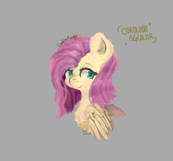 Size: 1573x1464 | Tagged: safe, artist:icecreamsandwich12, imported from derpibooru, fluttershy, pegasus, pony, alternate hairstyle, bust, female, gray background, looking at you, mare, portrait, short mane, simple background, smiling, solo, wings