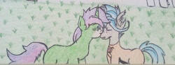 Size: 2048x772 | Tagged: safe, artist:cloudsky14, imported from derpibooru, oc, oc only, oc:crescent star, oc:raeonn, changeling, crystal pony, agent orange, changeling oc, clothes, cosplay, costume, couple, crystal pony oc, crystal unicorn, gay, gay couple, glasses, kissing, male, nose kiss, oc x oc, orange corp, orange lantern, shipping, stallion, traditional art