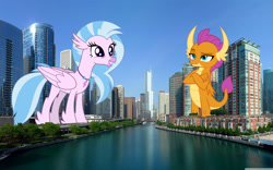 Size: 2880x1800 | Tagged: safe, artist:dashiesparkle, artist:theotterpony, imported from derpibooru, silverstream, smolder, classical hippogriff, dragon, hippogriff, chicago, city, dragoness, duo, duo female, female, giant dragon, giantess, illinois, irl, macro, photo, river, story in the source