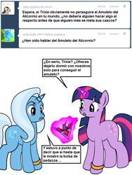 Size: 600x800 | Tagged: safe, artist:dekomaru, edit, imported from derpibooru, trixie, twilight sparkle, pony, unicorn, tumblr:ask twixie, alicorn amulet, ask, female, lesbian, shipping, spanish, translation, tumblr, twixie