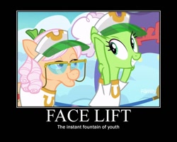 Size: 750x600 | Tagged: safe, edit, edited screencap, imported from derpibooru, screencap, apple rose, auntie applesauce, earth pony, pony, grannies gone wild, bipedal, clothes, glasses, grin, hat, hoof hold, lidded eyes, motivational poster, shirt, smiling, squee, stretchy