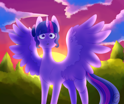 Size: 2500x2100 | Tagged: safe, artist:johnathan-leviathan, imported from derpibooru, sci-twi, twilight sparkle, alicorn, pony, equestria girls, alicornified, equestria girls ponified, female, looking at you, mare, ponified, race swap, scenery, scitwilicorn, solo, spread wings, sunset, surprised, twilight sparkle (alicorn), wings