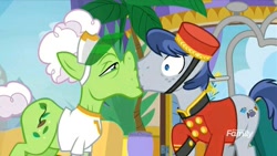 Size: 528x298 | Tagged: safe, edit, edited screencap, imported from derpibooru, screencap, auntie applesauce, earth pony, pony, grannies gone wild, spoiler:s08, auntie applesaucy, bellhop pony, bellsauce, discovery family logo, eyes on the prize, fate worse than death, female, kiss edit, kissing, male, mare, sexual harassment, shipping, straight, this will end in eviction, welcome inn