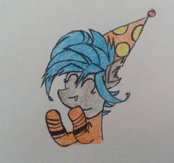 Size: 1925x1805 | Tagged: safe, artist:cloudsky14, imported from derpibooru, oc, oc only, oc:raeonn, changeling, agent orange, changeling oc, clothes, cosplay, costume, hat, hooves up, orange corp, orange lantern, party hat, solo, traditional art