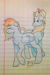 Size: 1000x1500 | Tagged: dead source, safe, artist:johnathan-leviathan, imported from derpibooru, rainbow dash, zephyr breeze, pegasus, pony, alternate hairstyle, blushing, chest fluff, cute, eyes closed, female, flirting, lined paper, male, mare, seduction, shipping, smiling, stallion, straight, tail seduce, traditional art, zephdash