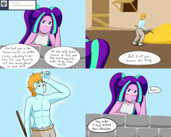 Size: 2000x1600 | Tagged: safe, artist:jake heritagu, imported from derpibooru, aria blaze, oc, siren, comic:aria's archives, equestria girls, blushing, clothes, comic, flashback, haystack, pitchfork, rawr, sweat, tanktop