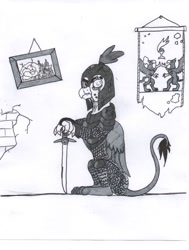 Size: 811x1074 | Tagged: safe, artist:kuroneko, derpibooru exclusive, imported from derpibooru, grampa gruff, griffon, armor, blind eye, chainmail, eye scar, framed picture, grayscale, idol of boreas, male, monochrome, saber, scar, sitting, solo, sword, traditional art, weapon