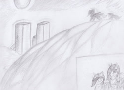 Size: 2181x1578 | Tagged: safe, artist:coppercat25, derpibooru exclusive, imported from derpibooru, princess celestia, princess luna, oc, oc:astrum, oc:krinita, pony, ambient.prologue, ambient.white, female, grayscale, monochrome, moon, sad, sketch, snow, snowfall, traditional art, tundra, young celestia, young luna