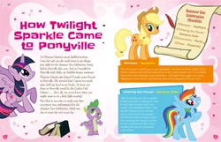 Size: 1020x655 | Tagged: safe, imported from derpibooru, applejack, rainbow dash, spike, twilight sparkle, alicorn, dragon, earth pony, pony, friendship is magic, ultimate guide, book, implied fluttershy, implied princess celestia, implied rarity, official, quill, raised hoof, stock vector, text, twilight sparkle (alicorn)
