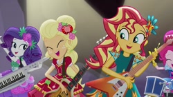 Size: 1280x720 | Tagged: safe, imported from derpibooru, applejack, pinkie pie, rarity, sunset shimmer, equestria girls, legend of everfree, drums, guitar, keytar, legend you were meant to be, musical instrument, singing