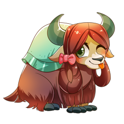 Size: 3500x3500 | Tagged: safe, artist:renokim, imported from derpibooru, yona, yak, school daze, :p, bow, cloven hooves, cute, female, hair bow, high res, looking at you, monkey swings, one eye closed, silly, simple background, solo, tongue out, transparent background, wink, yonadorable