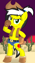 Size: 1080x1920 | Tagged: safe, artist:toyminator900, imported from derpibooru, oc, oc only, oc:uppercute, earth pony, pony, belly button, belt, bipedal, boots, boxing gloves, cactus, clothes, cowboy hat, daisy dukes, desert, freckles, hat, looking at you, shoes, shorts, solo, stetson, sun