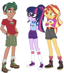 Size: 961x1098 | Tagged: safe, artist:limedazzle, deleted from derpibooru, editor:php77, imported from derpibooru, sci-twi, sunset shimmer, timber spruce, twilight sparkle, equestria girls, legend of everfree, alternate universe, camp everfree outfits, converse, shoes, simple background, transparent background