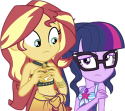 Size: 1256x1116 | Tagged: safe, deleted from derpibooru, editor:php77, imported from derpibooru, sci-twi, sunset shimmer, twilight sparkle, equestria girls, equestria girls series, clothes, simple background, swimsuit, transparent background