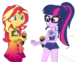 Size: 1140x930 | Tagged: safe, deleted from derpibooru, editor:php77, imported from derpibooru, sci-twi, sunset shimmer, twilight sparkle, equestria girls, equestria girls series, x marks the spot, clothes, food, simple background, sushi, swimsuit, transparent background