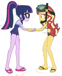 Size: 440x539 | Tagged: safe, deleted from derpibooru, editor:php77, imported from derpibooru, sci-twi, sunset shimmer, twilight sparkle, equestria girls, equestria girls series, unsolved selfie mysteries, clothes, feet, simple background, swimsuit, transparent background