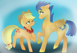 Size: 1024x708 | Tagged: safe, artist:leanne264, imported from derpibooru, applejack, flash sentry, base used, crack shipping, female, flashjack, male, neckerchief, one eye closed, shipping, straight, wink