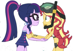 Size: 1253x881 | Tagged: safe, edit, edited screencap, editor:php77, imported from derpibooru, screencap, sci-twi, sunset shimmer, twilight sparkle, human, equestria girls, equestria girls series, unsolved selfie mysteries, background removed, beach shorts swimsuit, bikini, bikini top, clothes, duo, duo female, female, glasses, goggles, holding hands, not a vector, one-piece swimsuit, ponytail, simple background, snorkel, sunset shimmer's beach shorts swimsuit, swimsuit, transparent background