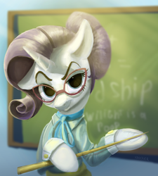 Size: 2800x3113 | Tagged: safe, artist:krecker-cream, imported from derpibooru, rarity, pony, unicorn, school daze, alternate hairstyle, chalkboard, clothes, cummerbund, eyeshadow, female, floppy ears, glasses, hair bun, looking at you, makeup, mare, necktie, pointer, raised eyebrow, sash, schoolmarm rarity, shirt, smiling, solo, teacher