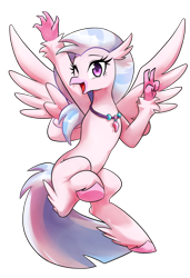 Size: 2400x3500 | Tagged: safe, artist:dilandau203, imported from derpibooru, silverstream, classical hippogriff, hippogriff, school daze, cute, diastreamies, female, high res, jewelry, necklace, one eye closed, open mouth, purple eyes, simple background, smiling, solo, spread wings, tail, transparent background, white background, wings