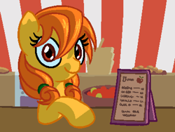 Size: 800x600 | Tagged: safe, artist:rangelost, imported from derpibooru, oc, oc only, oc:autumn gold, earth pony, pony, cyoa:d20 pony, apple, colored, cookie, cyoa, description is relevant, female, food, looking at you, mare, market, menu, pixel art, shop, shopkeeper, sign, solo, story included