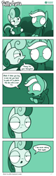 Size: 726x2266 | Tagged: safe, artist:dori-to, imported from derpibooru, bon bon, lyra heartstrings, sweetie drops, pony, comic:silly lyra, bon bon is not amused, book, clothes, comic, female, green background, greenscale, hoodie, monochrome, silly lyra, speech bubble, unamused