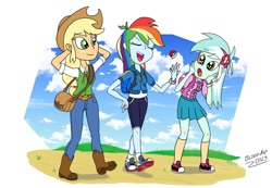 Size: 1024x709 | Tagged: safe, artist:blood-asp0123, imported from derpibooru, applejack, lyra heartstrings, rainbow dash, equestria girls, equestria girls series, clothes, converse, crossover, poké ball, pokéball, pokémon, pokémon trainer, request, shoes, skirt, sneakers