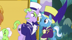 Size: 800x450 | Tagged: safe, imported from derpibooru, screencap, apple rose, auntie applesauce, big bucks, bon bon, goldie delicious, granny smith, jack pot, lightning riff, lyra heartstrings, rainbow dash, sweet buzz, sweetie drops, grannies gone wild, animated, gif, las pegasus resident, runs in the family, smoke bomb