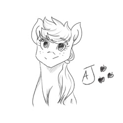 Size: 1500x1500 | Tagged: safe, artist:tripletarpeggio, derpibooru exclusive, imported from derpibooru, applejack, earth pony, pony, cutie mark, female, freckles, grayscale, looking at you, monochrome, ponytail, sketch, smiling, solo