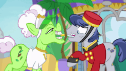 Size: 800x450 | Tagged: safe, imported from derpibooru, screencap, auntie applesauce, earth pony, pony, grannies gone wild, animated, auntie applesaucy, bellhop pony, bellsauce, bits, clothes, coin, every day we stray further from god's light, eyes on the prize, female, flirting, flirty, hat, looking at butt, male, mare, sexual harassment, shirt, stallion, welcome inn, you know for kids