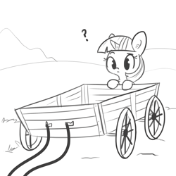 Size: 1650x1650 | Tagged: safe, artist:tjpones, imported from derpibooru, twilight sparkle, alicorn, pony, the cart before the ponies, black and white, cart, chest fluff, confused, cute, ear fluff, female, frown, grayscale, mare, monochrome, pun, question mark, raised eyebrow, simple background, solo, twilight sparkle (alicorn), visual pun, white background