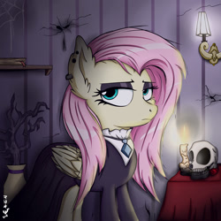 Size: 2000x2000 | Tagged: safe, artist:viejillox64art, imported from derpibooru, fluttershy, pegasus, pony, fake it 'til you make it, alternate hairstyle, clothes, ear piercing, eyeshadow, female, fluttergoth, goth, gothic, looking at you, makeup, mare, piercing, solo