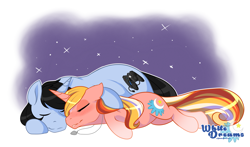 Size: 2861x1681 | Tagged: safe, artist:xwhitedreamsx, imported from derpibooru, oc, oc only, oc:dreamy sweet, earth pony, pony, unicorn, couple, female, male, oc x oc, shipping, sleeping, smiling, straight