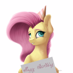 Size: 3000x3000 | Tagged: safe, artist:skitsniga, artist:skitsroom, imported from derpibooru, fluttershy, pony, birthday, cute, female, hat, mare, party hat, shyabetes, sign, simple background, smiling, solo, white background