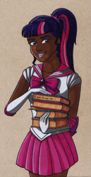 Size: 787x1523 | Tagged: safe, artist:fires-storm, imported from derpibooru, part of a set, sci-twi, twilight sparkle, human, adorable face, adorkable, anime, beautiful, book, clothes, crossover, cute, dark skin, dork, female, humanized, lipstick, pink lipstick, pleated skirt, ponytail, sailor moon, sailor scout, sailor twilight, skirt, smiling, solo, traditional art, twiabetes, woman