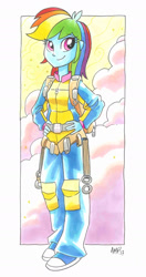 Size: 868x1649 | Tagged: safe, artist:tonyfleecs, imported from derpibooru, rainbow dash, equestria girls, clothes, cloud, commission, converse, female, hand on waist, hands on waist, ink, jumpsuit, looking at you, markers, parachute, shoes, sneakers, solo, traditional art