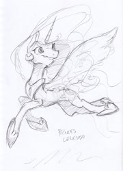 Size: 1681x2336 | Tagged: safe, artist:dilarus, deleted from derpibooru, imported from derpibooru, princess celestia, alicorn, pony, female, flying, grayscale, mare, monochrome, pencil drawing, simple background, text, traditional art, white background