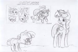 Size: 2442x1651 | Tagged: safe, artist:dilarus, deleted from derpibooru, imported from derpibooru, twilight sparkle, alicorn, earth pony, pony, awkward, comic, crying, dialogue, duo, female, foal, mare, pencil drawing, signature, simple background, teary eyes, thought bubble, traditional art, twilight sparkle (alicorn), white background