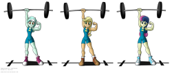 Size: 2249x950 | Tagged: safe, artist:niban-destikim, imported from derpibooru, applejack, bon bon, lyra heartstrings, sweetie drops, equestria girls, applejacked, barbell, biceps, blonde, bon bombastic, clothes, commission, converse, flexing, hatless, lifting, lyra hamstrings, missing accessory, muscles, shoes, simple background, smiling, strong, stronk, super strength, transparent background, unitard, weight lifting, weights, wondercolts