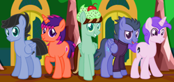 Size: 1720x812 | Tagged: safe, artist:razorbladetheunicron, imported from derpibooru, oc, oc only, oc:blizzard, oc:disco lights, oc:iridescent garnet, oc:mint chip, oc:obsidian pie, pegasus, pony, unicorn, lateverse, alternate universe, base used, cherry, clothes, food, group, hat, jacket, next generation, offspring, parent:big macintosh, parent:flash sentry, parent:flitter, parent:limestone pie, parent:soarin', parent:thunderlane, parent:twilight sparkle, parents:flashlight, parents:flitterlane, parents:limin'