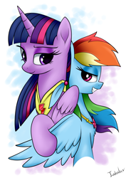 Size: 2480x3507 | Tagged: safe, artist:twidasher, imported from derpibooru, rainbow dash, twilight sparkle, alicorn, pegasus, pony, abstract background, blue feather, duo, element of loyalty, element of magic, female, grin, lesbian, looking at each other, mare, shipping, simple background, smiling, twidash, twilight sparkle (alicorn)