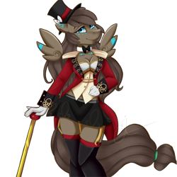 Size: 1024x1024 | Tagged: safe, artist:crecious, imported from derpibooru, oc, oc only, anthro, pegasus, anthro oc, bowtie, breasts, cane, cleavage, clothes, digital art, female, floating wings, garter belt, garters, gloves, hat, mare, simple background, smiling, solo, stockings, thigh highs, top hat, transparent background