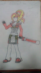 Size: 1840x3264 | Tagged: safe, artist:mfib, imported from derpibooru, sunset shimmer, equestria girls, colored, crossover, guilty gear, guilty gear xrd, sol badguy, traditional art