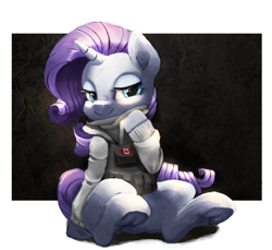Size: 2388x2183 | Tagged: safe, artist:theprince, imported from derpibooru, rarity, pony, unicorn, abstract background, canada, canadian flag, clothes, crossover, cute, female, frog (hoof), frost (r6s), jacket, lidded eyes, mare, rainbow six, rainbow six siege, sitting, smiling, solo, underhoof