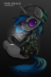 Size: 2053x3118 | Tagged: safe, artist:theprince, imported from derpibooru, dj pon-3, vinyl scratch, pony, unicorn, beanie, clothes, crossover, dokkaebi, female, glasses, gradient background, hacker, hat, korean, looking over shoulder, mare, obtrusive watermark, rainbow six siege, sitting, solo, tablet, uniform, vinyl's glasses, watermark